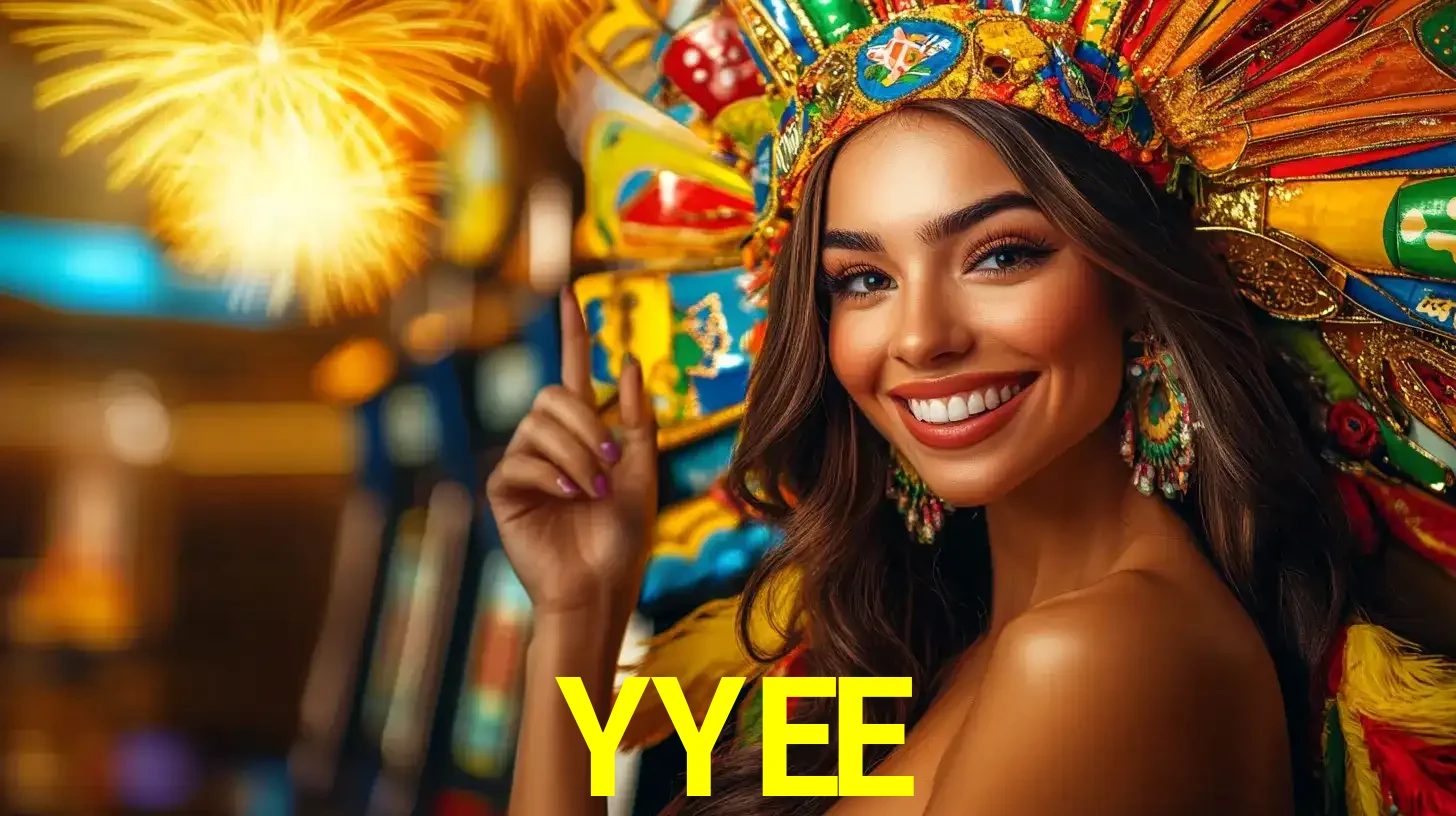 Mulher sorridente com um cocar de carnaval vibrante e colorido, celebrando uma grande vitória nos jogos do cassino YYEE com fogos de artifício ao fundo.