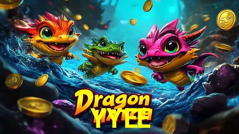 Arte promocional do jogo Dragon Hatch com três adoráveis dragões bebês nadando entre moedas de ouro, um dos slots mais divertidos para jogar no cassino YYEE.