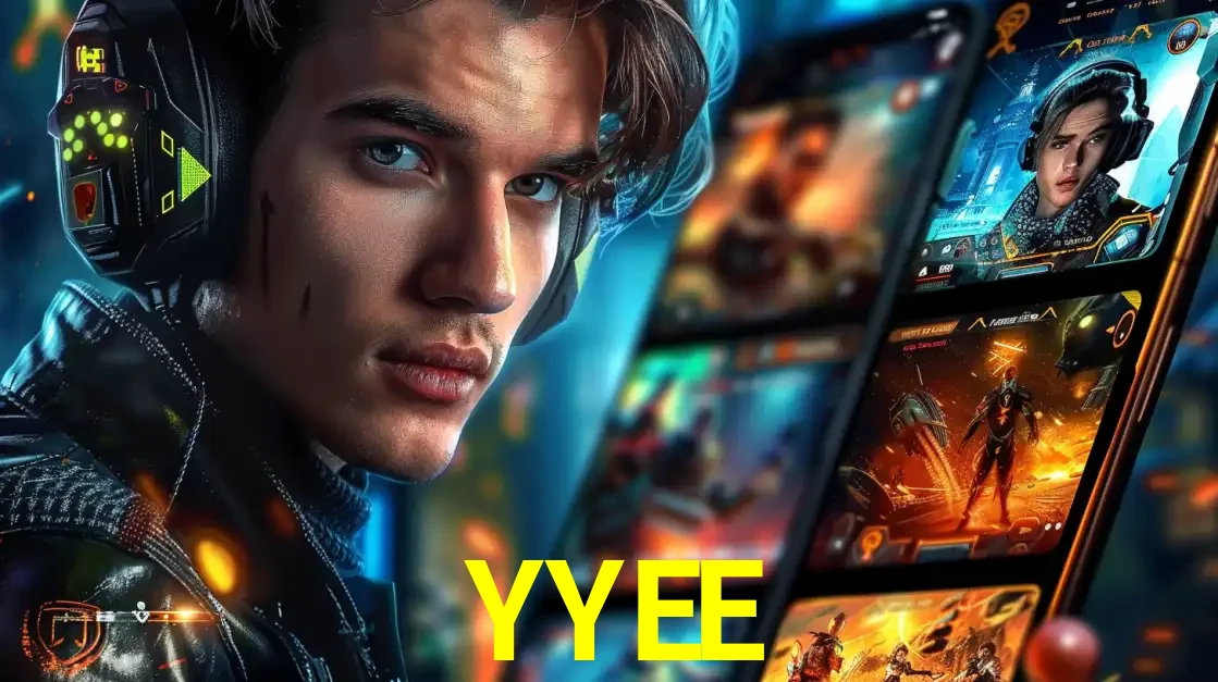 Jovem jogador com fones de ouvido olhando para a câmera, com um aplicativo de jogos e e-sports para celular ao fundo, pronto para a competição e apostas no YYEE.