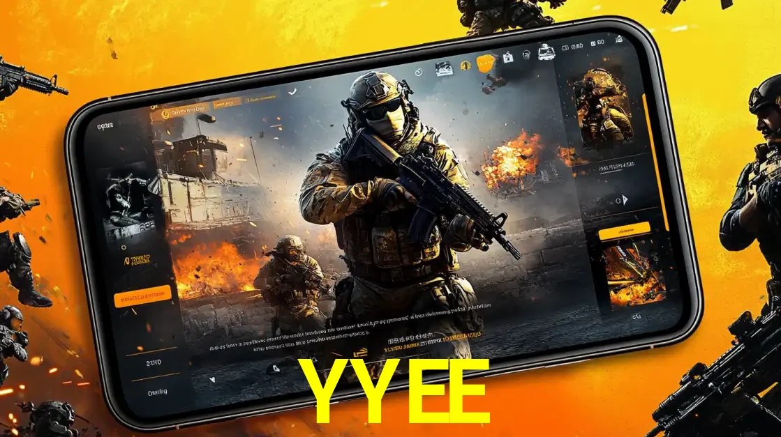 Um smartphone exibindo a interface de um jogo de tiro em primeira pessoa, com um soldado em um cenário de batalha, representando a ação dos e-sports para apostar no YYEE.