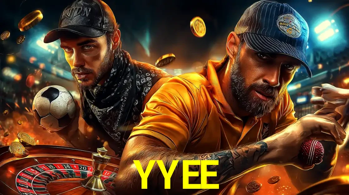 Montagem de apostas esportivas e cassino no YYEE, com um homem segurando uma bola de futebol e outro uma de beisebol sobre uma roleta e moedas voadoras.