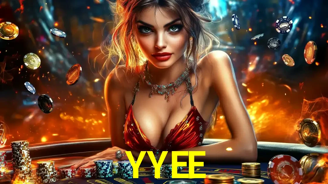 Mulher em uma mesa de cassino com pilhas de fichas e um fundo de fogo, pronta para uma rodada de altas apostas nos jogos de mesa emocionantes do cassino YYEE.