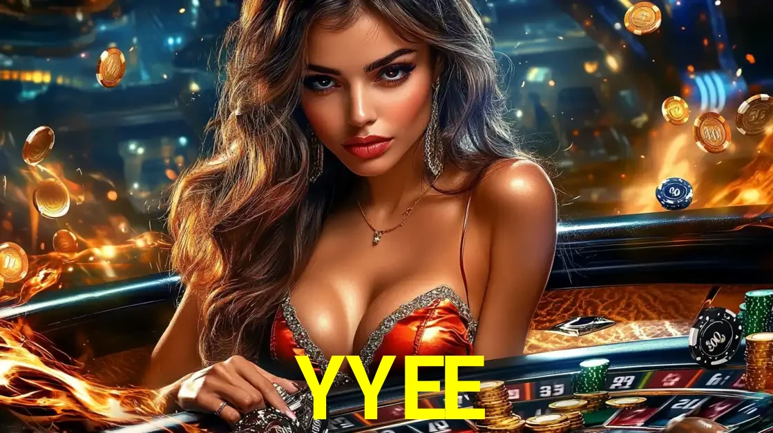 Mulher glamourosa em uma mesa de roleta com um fundo de chamas e moedas voadoras, pronta para fazer sua aposta e ganhar grandes prêmios no cassino ao vivo YYEE.